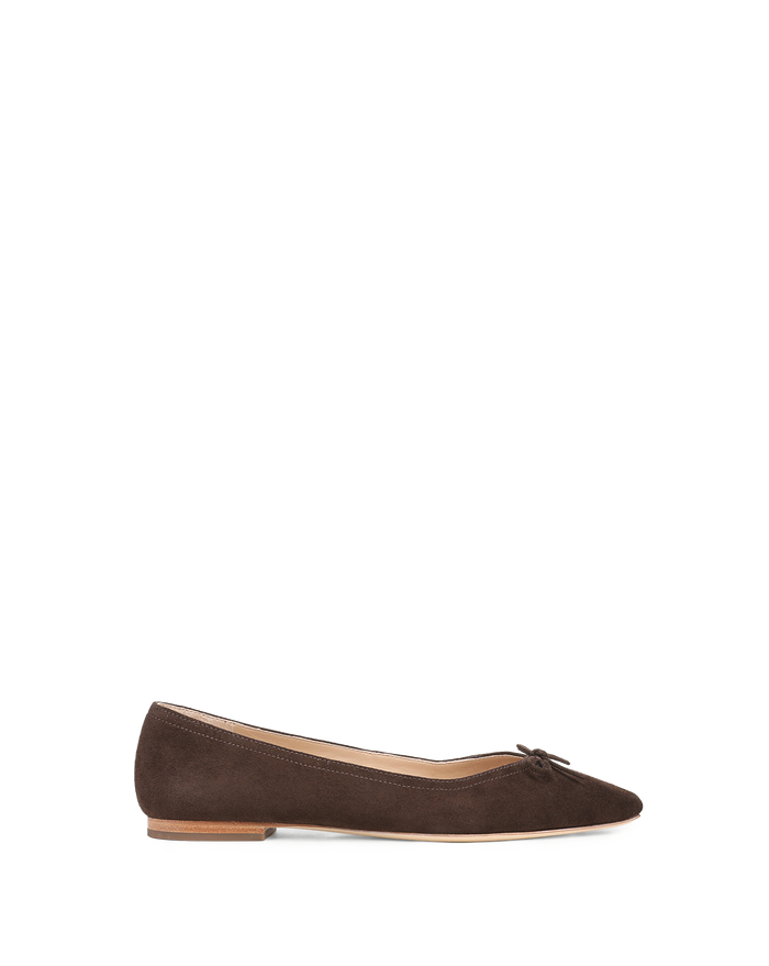 Veronica Beard Brown suede pointed-toe flat with bow detail.