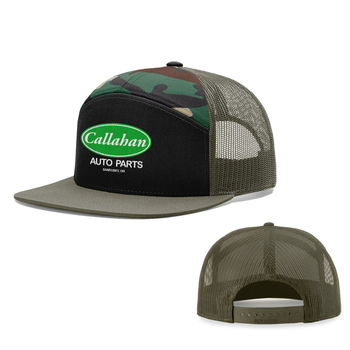Seven-Panel Trucker Flatbill / Black and Camo and Loden / One Size