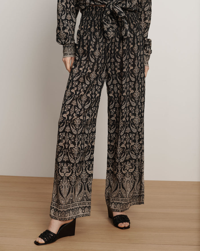 Veronica Beard Callaway Smocked Wide-Leg Pant - Black Multi