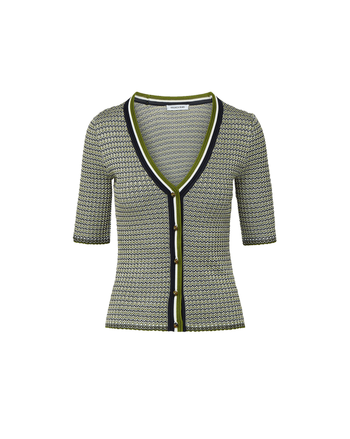 Veronica Beard Calliope Knit Button-Front Top Navy/Cactus/Off-White