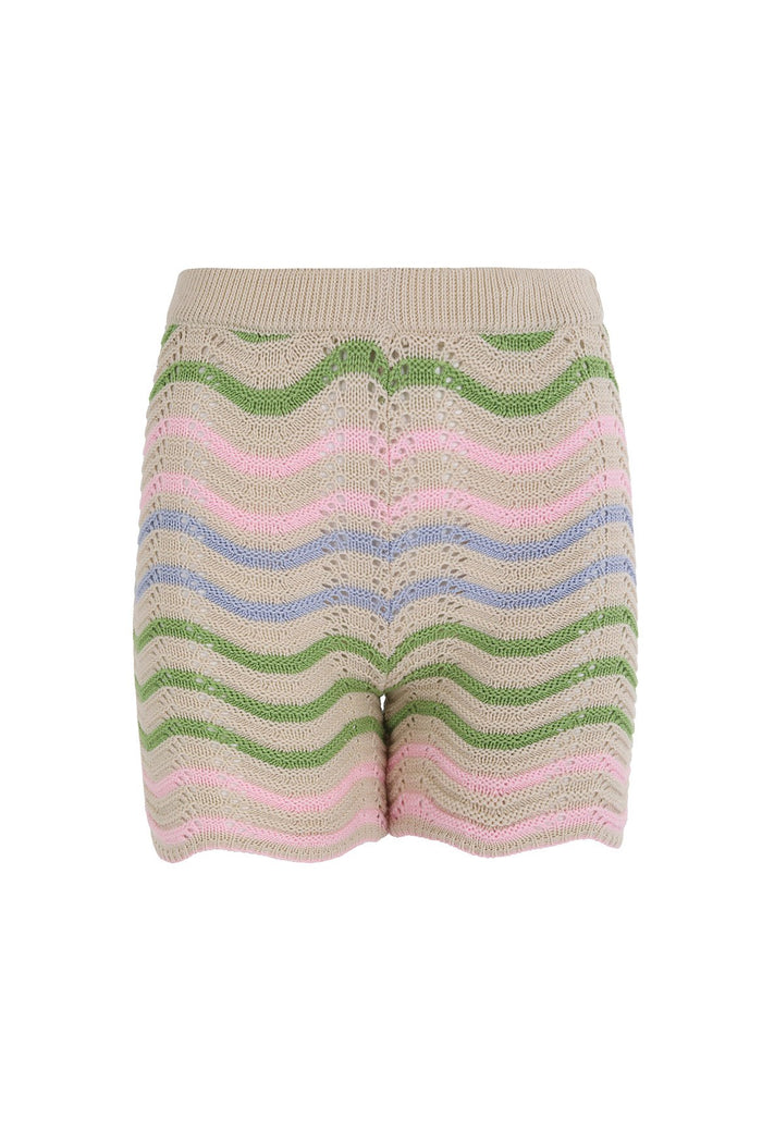 Carolyn Shorts in beige knit with pink, green, and blue chevron stripes and scalloped hem