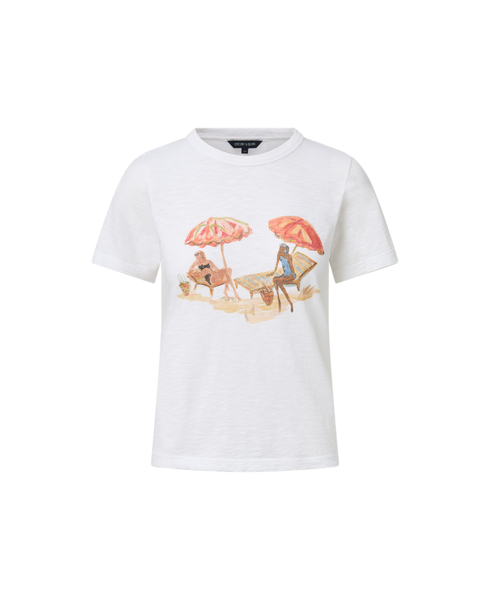 Veronica Beard White short-sleeve t-shirt with beach scene graphic.