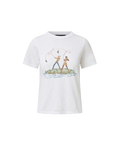 Veronica Beard White graphic t-shirt and blue geometric patchwork jeans.