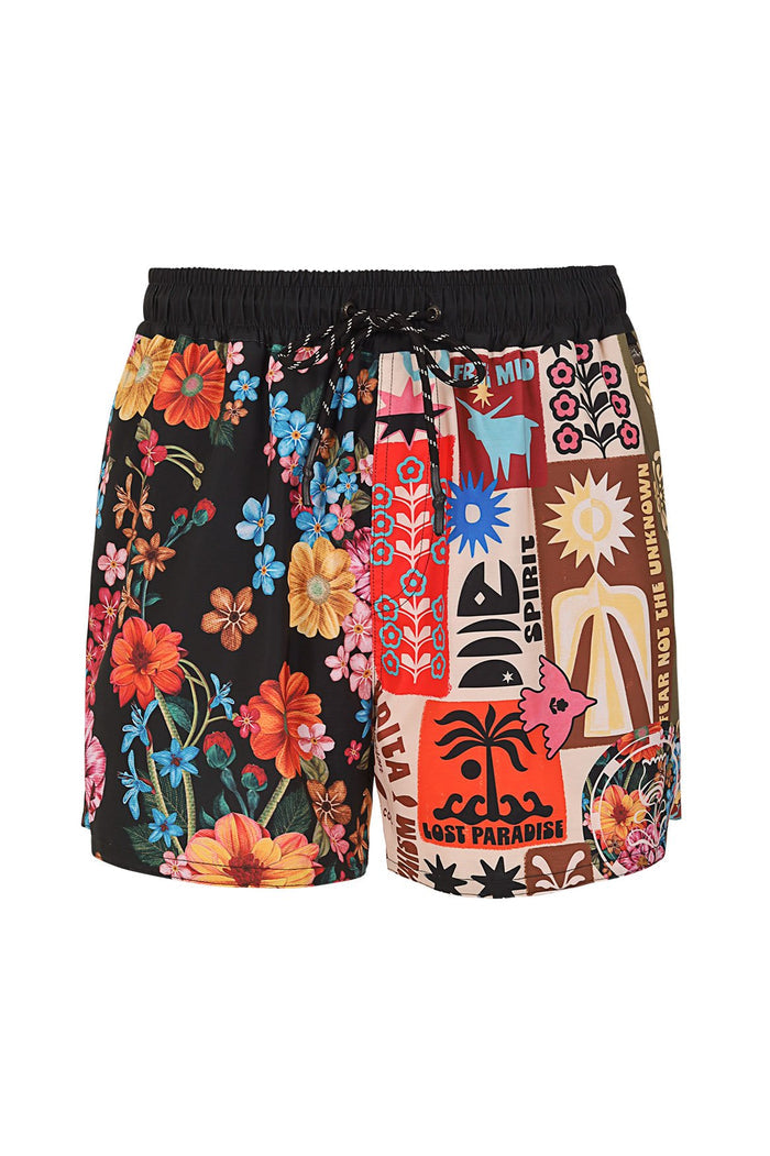 Men's swim trunks with black elastic waistband and mixed placement print combining vibrant floral pattern on left side with colorful graphic panels o…