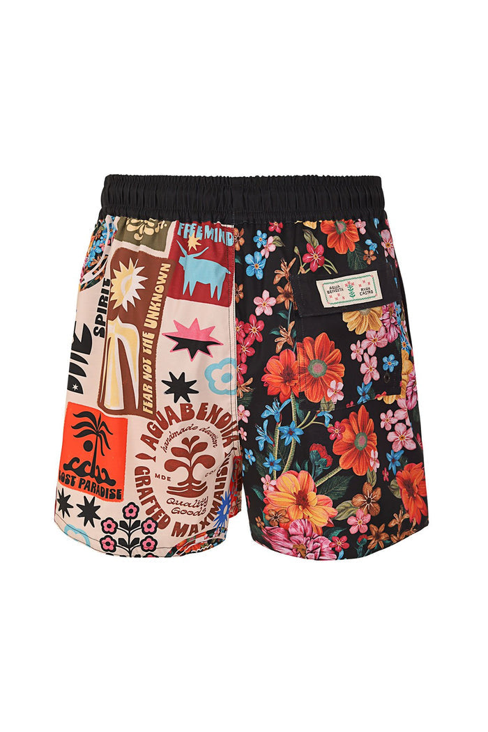 Men's swim trunks with black elastic waistband, split print design featuring graphic emblems and text on beige-brown left panel and vibrant floral pr…