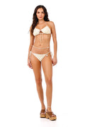 Catina bikini top in cream handmade crochet with scalloped trim and adjustable tie-front closure
