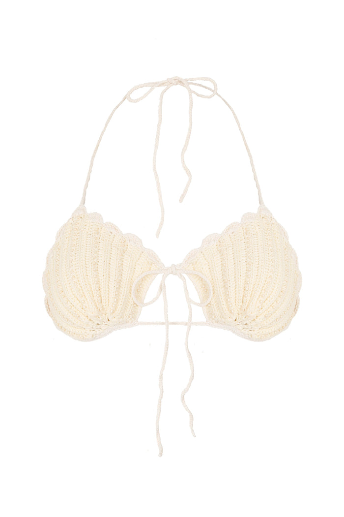 Cream handwoven crochet bikini top with scalloped trim, halter tie straps and center front tie detail
