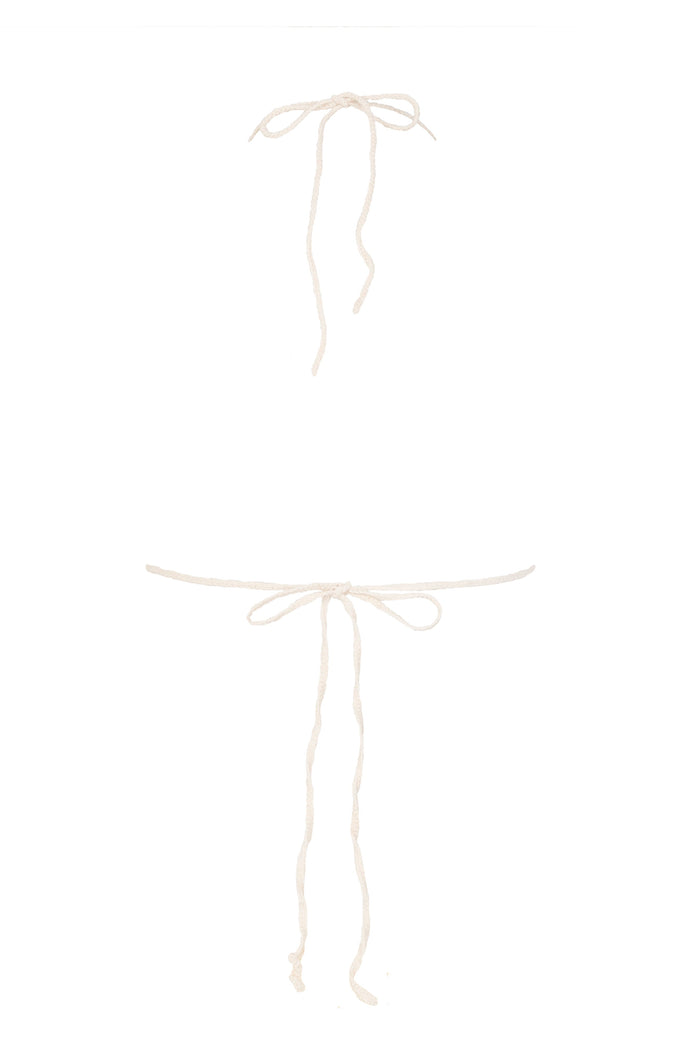 Catina Top bikini top in beige handwoven crochet with scalloped trim and adjustable tie straps