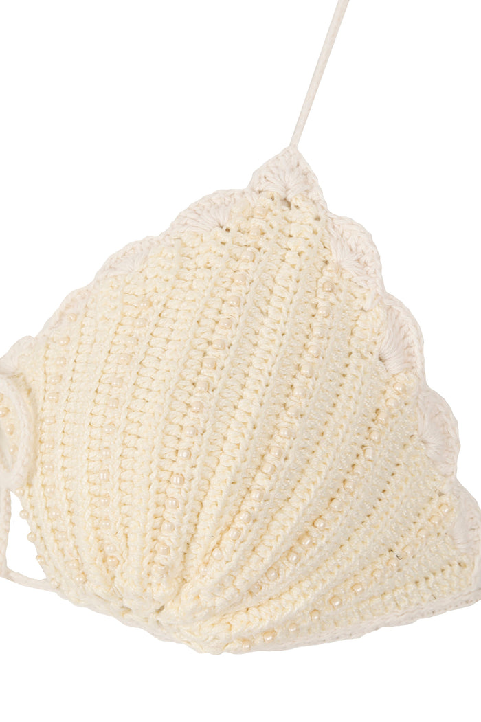 Catina handmade crochet bikini top in cream with scalloped trim and adjustable halter tie