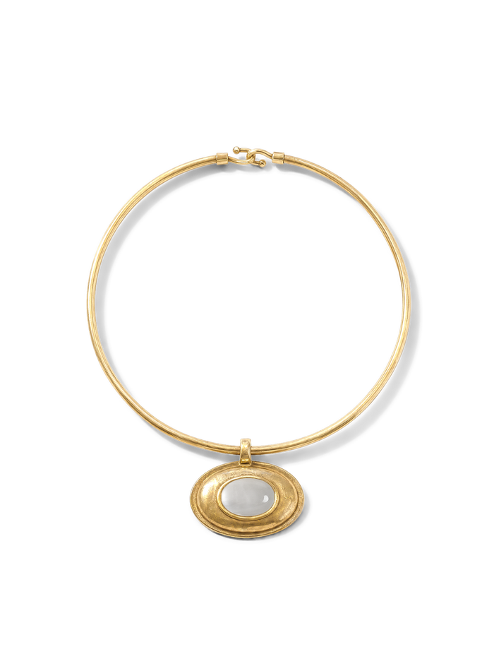 Veronica Beard Gold choker necklace with oval mother-of-pearl pendant.