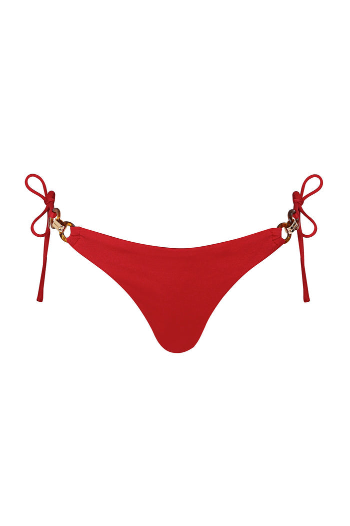 Red bikini bottom with adjustable side ties and gold ring details
