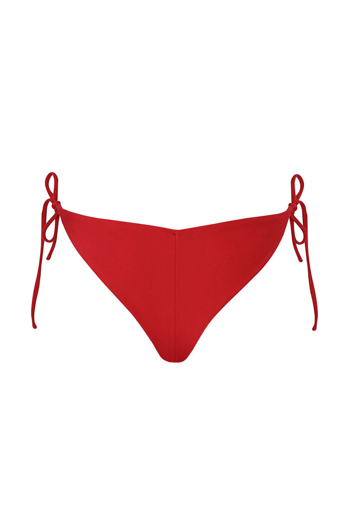 Red bikini bottom with adjustable side ties and ring details