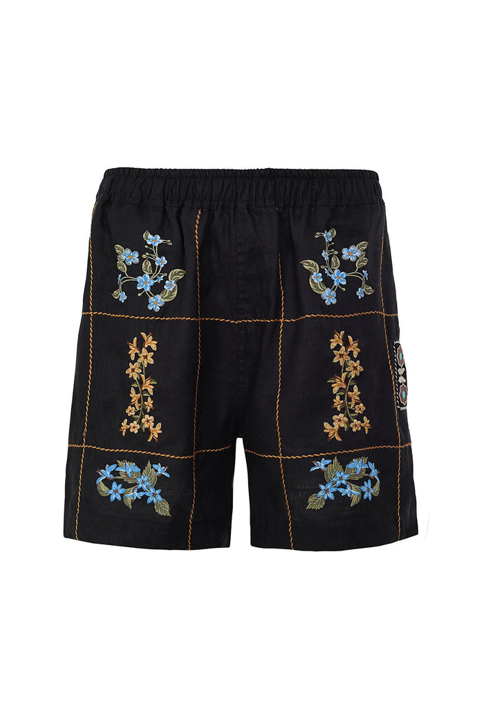 Black men's shorts with embroidered floral details in blue and gold arranged in grid pattern with contrast stitching