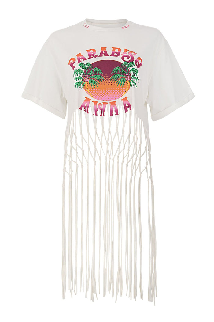 White cotton t-shirt with Paradise sunset graphic featuring palm trees and embroidered neckline detail, long handwoven fringe trim at hem