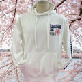 White hoodie with text and design on a mannequin against a white background