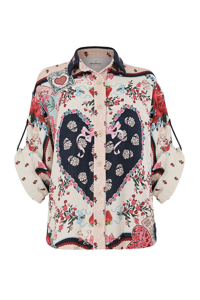 Chrissy Shirt in cream with heart-shaped navy panels, pattern detail and strawberry print, button front and rolled sleeves