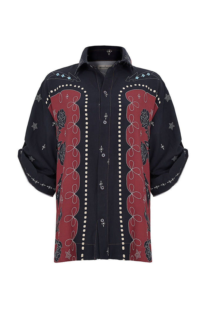 Black button-up shirt with vertical burgundy panels featuring white bead trim, embroidered cactus details, and scattered star accents
