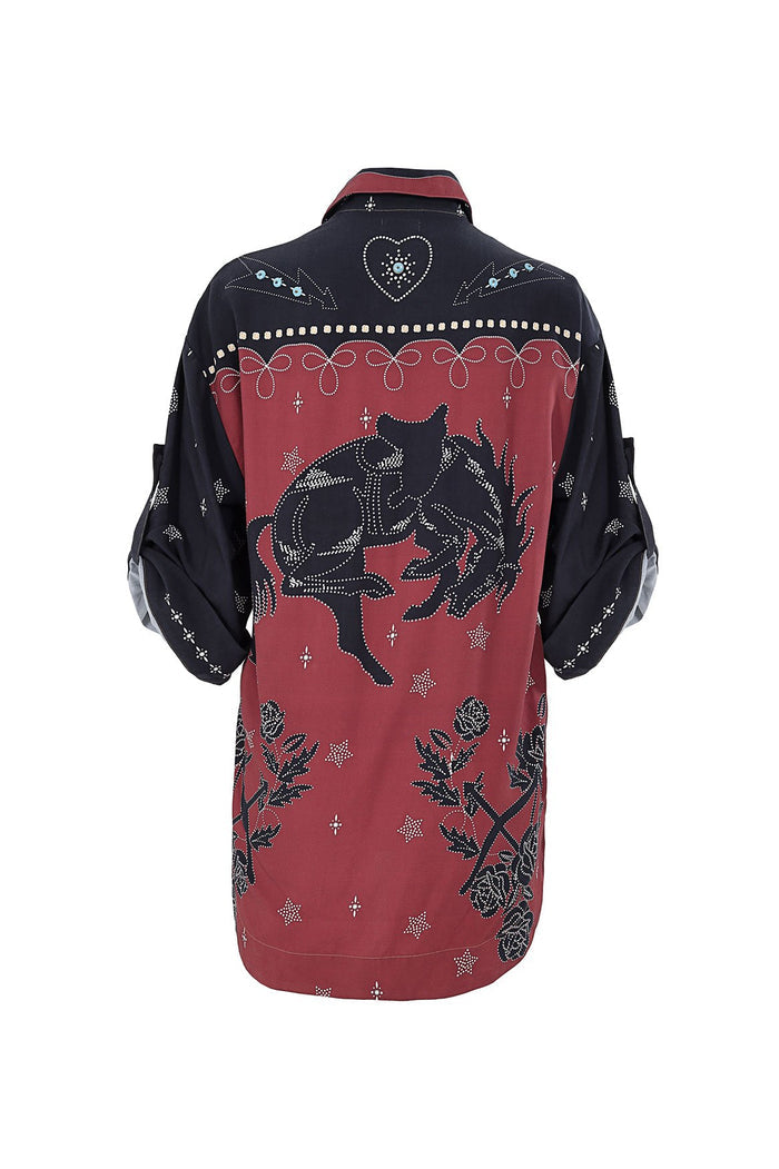 Chrissy Shirt in terracotta and black with beaded embellishments, heart details, loop trim, and pattern detail silhouettes on back panel