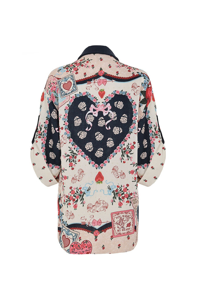 Chrissy Shirt in beige with heart-centered placement print, pattern detail borders, and navy collar