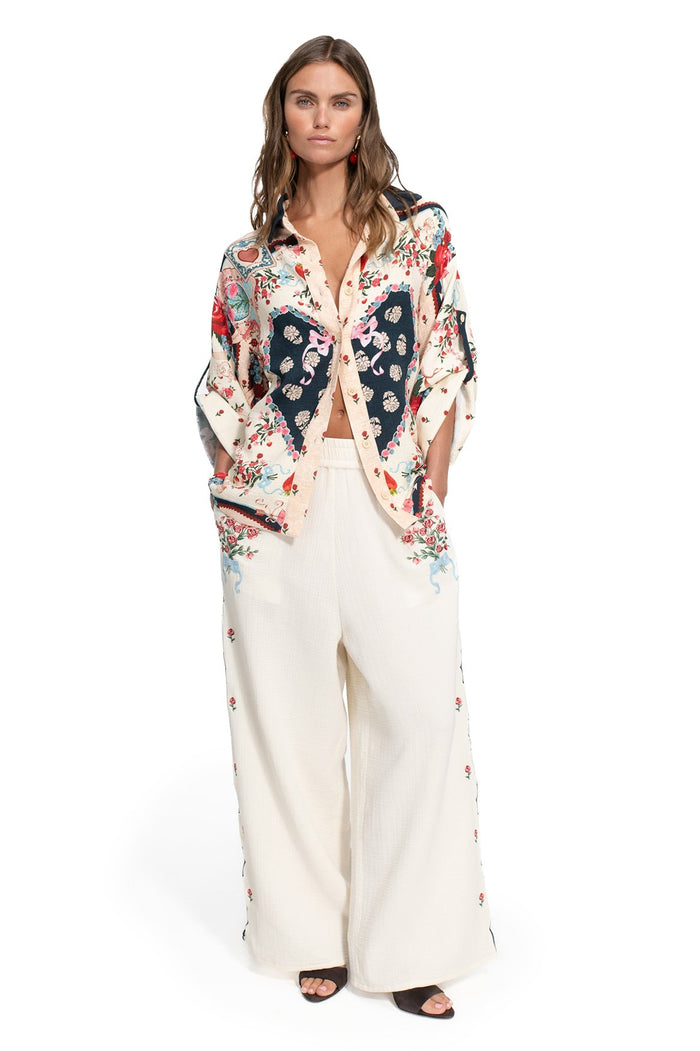 Chrissy Shirt in cream with navy heart panels, pattern detail embroidery, and contrasting trim detail