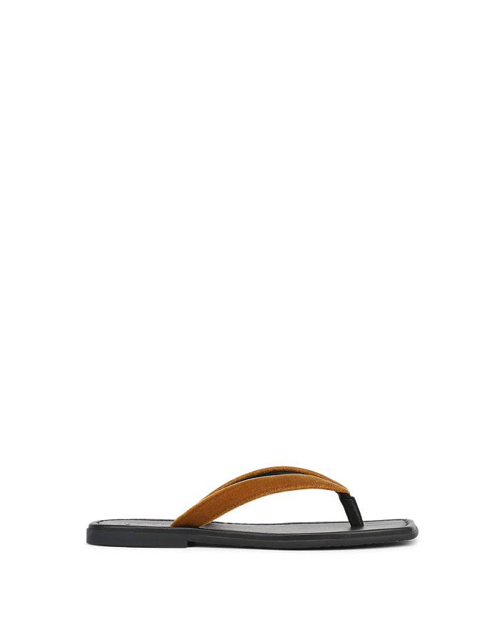Veronica Beard Brown suede thong sandal with black sole.