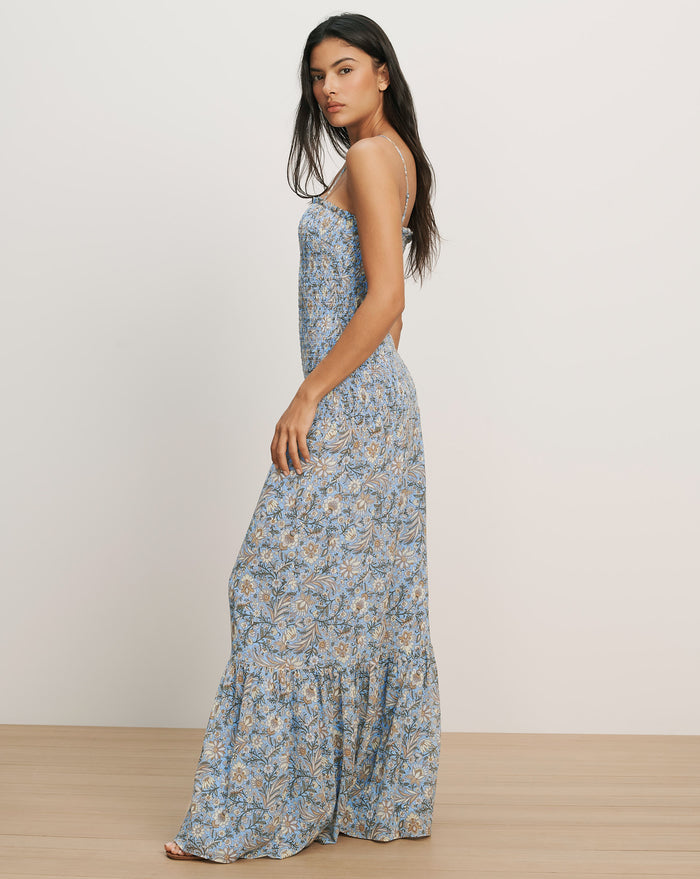 Veronica Beard Light blue floral print maxi dress with smocked bodice and tiered ruffle hem.