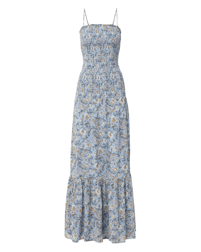 Veronica Beard Light blue floral print maxi dress with spaghetti straps and a smocked bodice.
