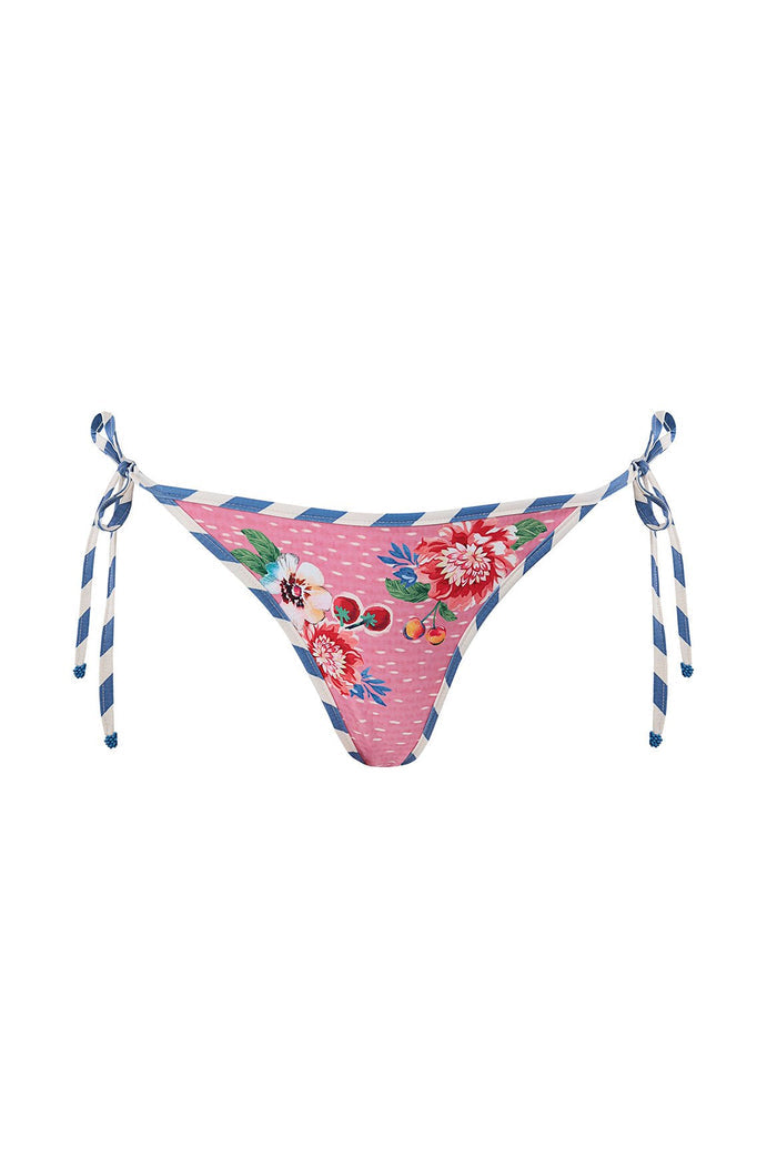 Bikini bottom with side ties featuring pink pattern detail print with cherries and blue-white diagonal stripe trim
