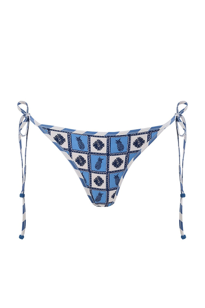 Tie-side bikini bottom in blue and white checkerboard print with alternating pineapple and pattern detail shapes