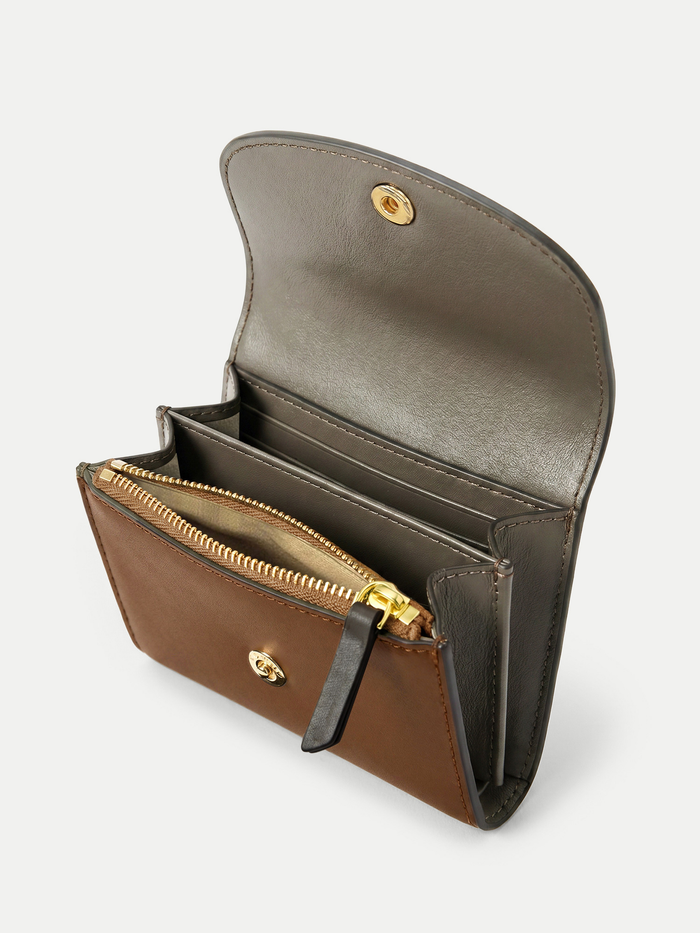 Veronica Beard Brown and gray leather wallet with gold zipper and snap closure.