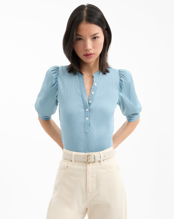 Veronica Beard Coralee Puff-Sleeve Tee - Sea Glass