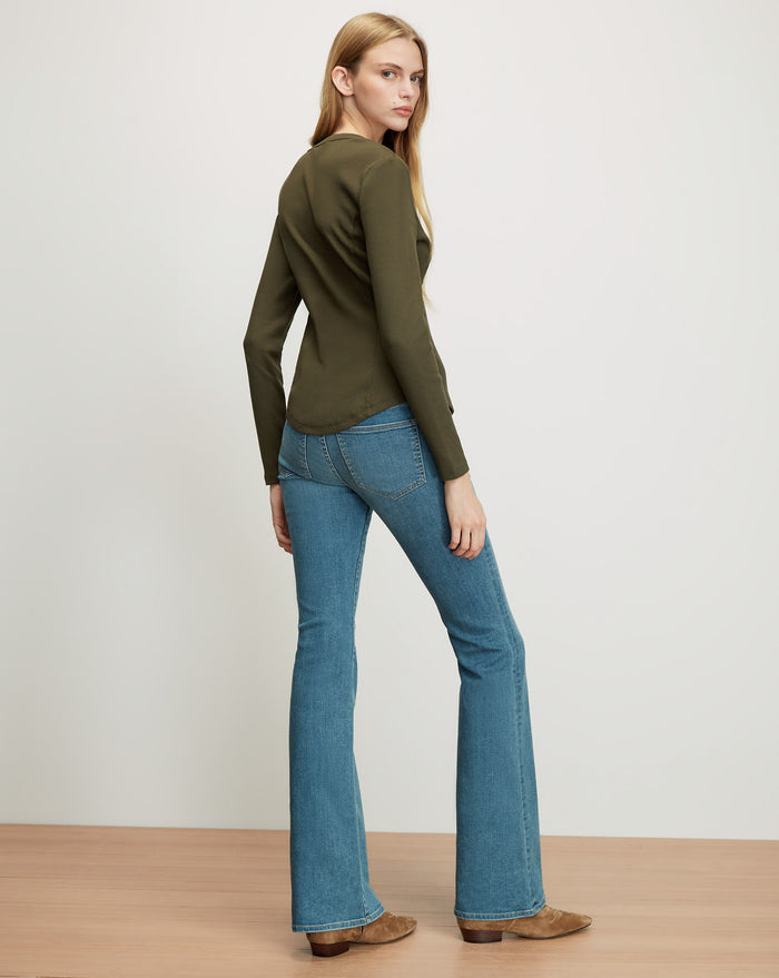 Veronica Beard Olive green long-sleeve ribbed knit top and blue