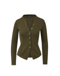 Veronica Beard Olive green ribbed knit cardigan, blue flared jeans.