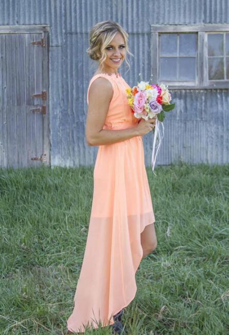 Country Hi Low Bridesmaid Dresses with Lace Appliques