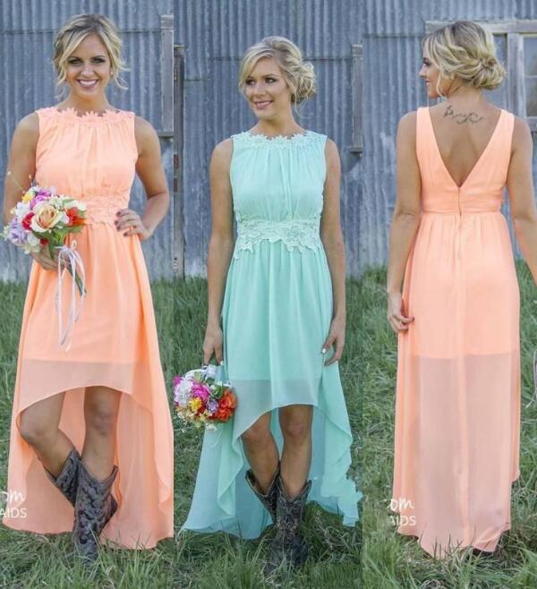 Country Hi Low Bridesmaid Dresses with Lace Appliques