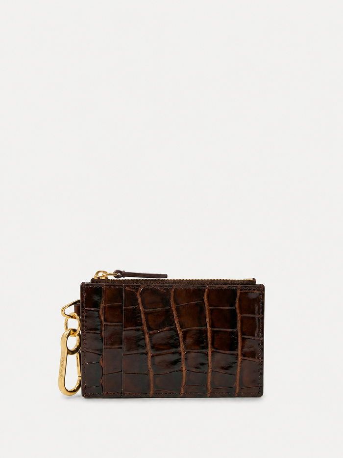 Veronica Beard Brown crocodile-embossed leather cardholder with gold hardware.