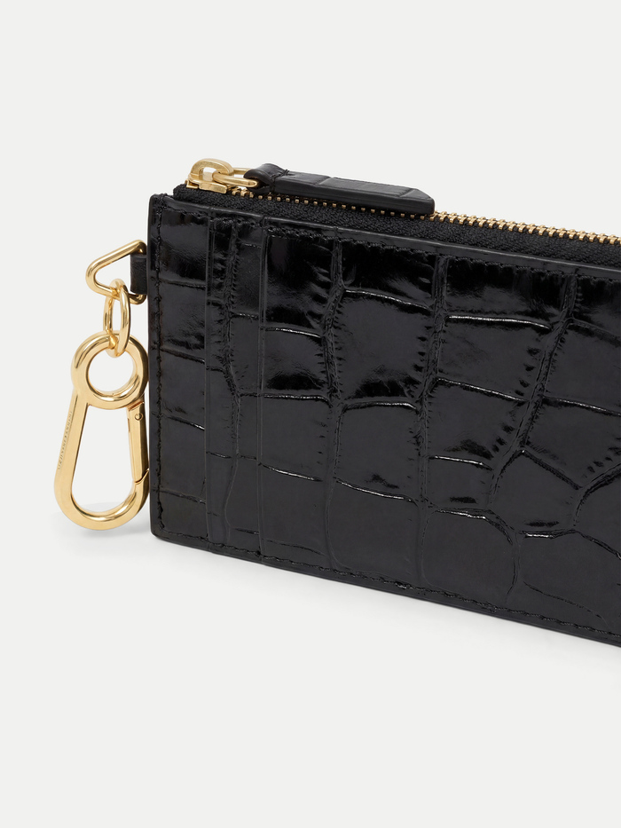 Veronica Beard Black crocodile-embossed leather cardholder with gold hardware.