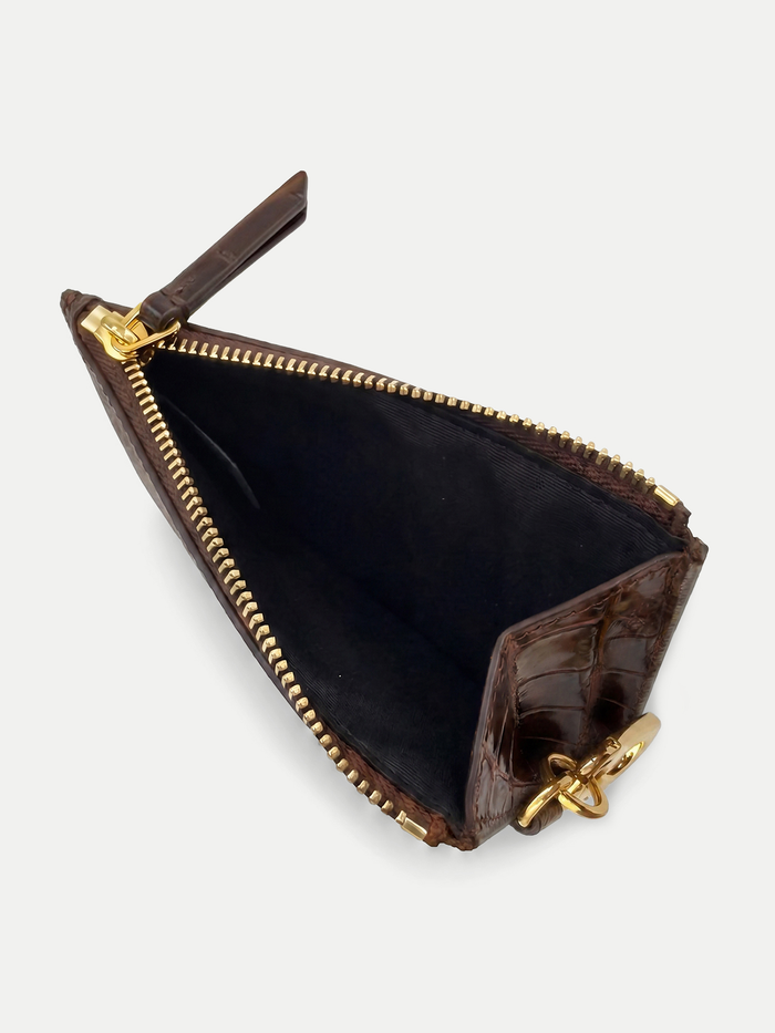 Veronica Beard Brown crocodile-embossed leather coin purse with gold zipper.
