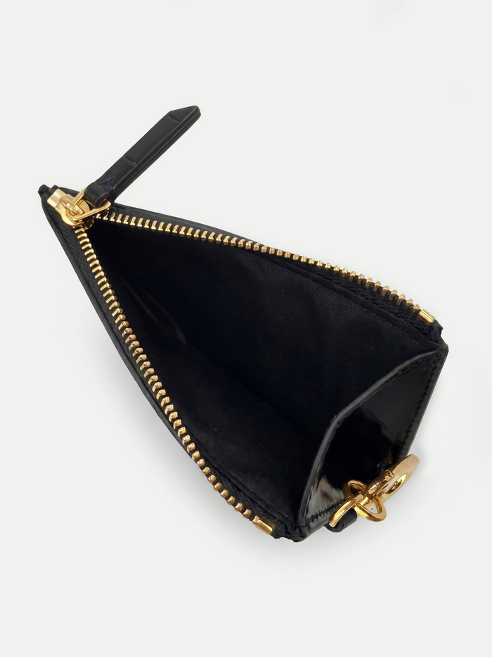 Veronica Beard Black leather coin purse with gold zipper.