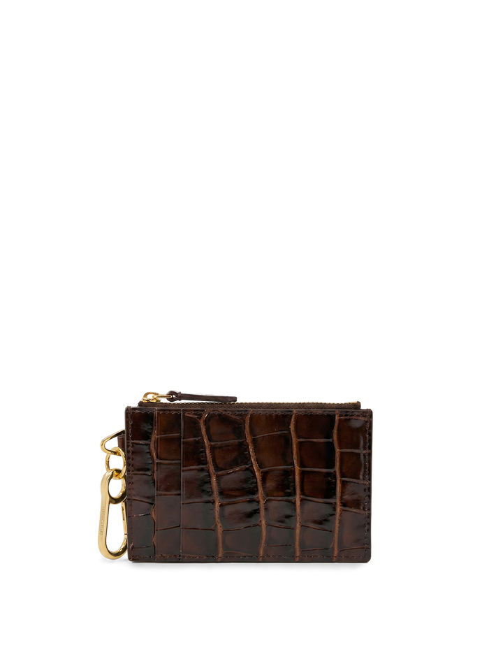 Veronica Beard Brown crocodile-embossed leather cardholder with gold hardware.