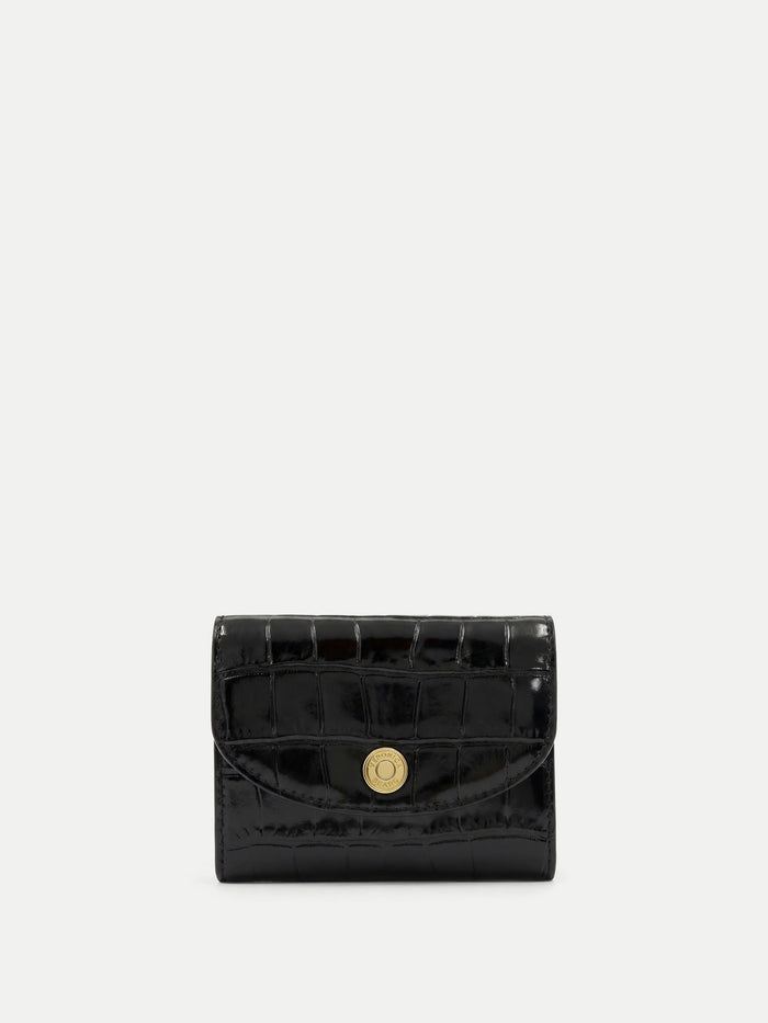 Veronica Beard Black crocodile embossed leather wallet with gold snap closure.