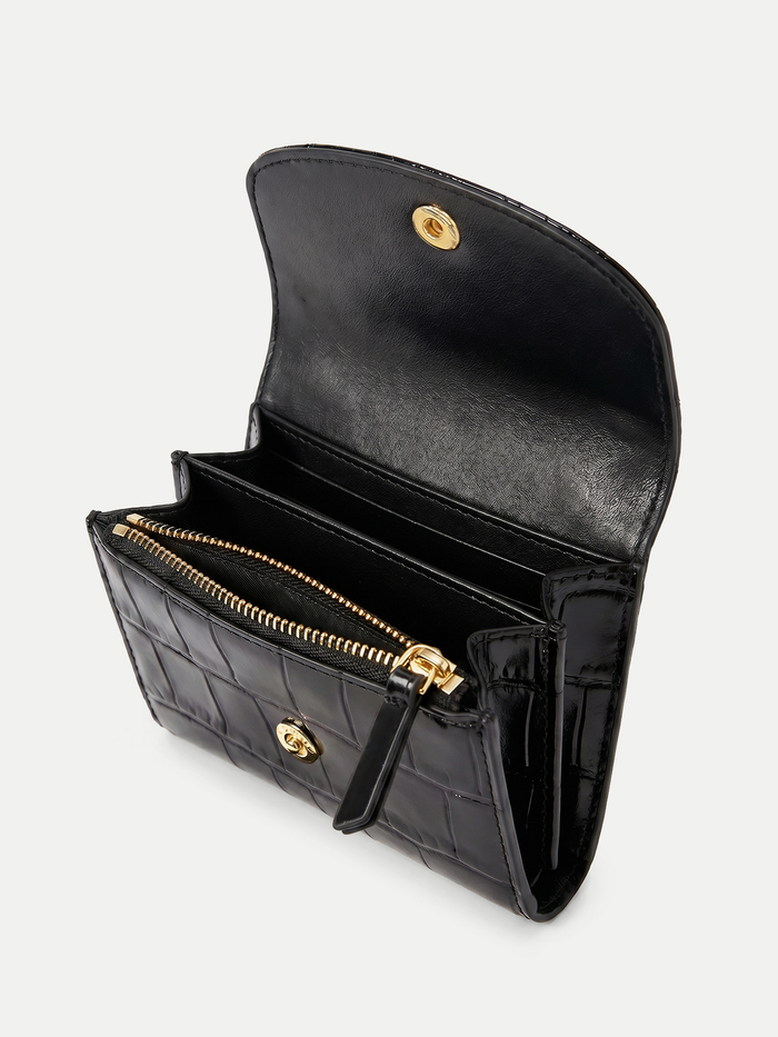 Veronica Beard Black crocodile-embossed leather wallet with gold hardware.