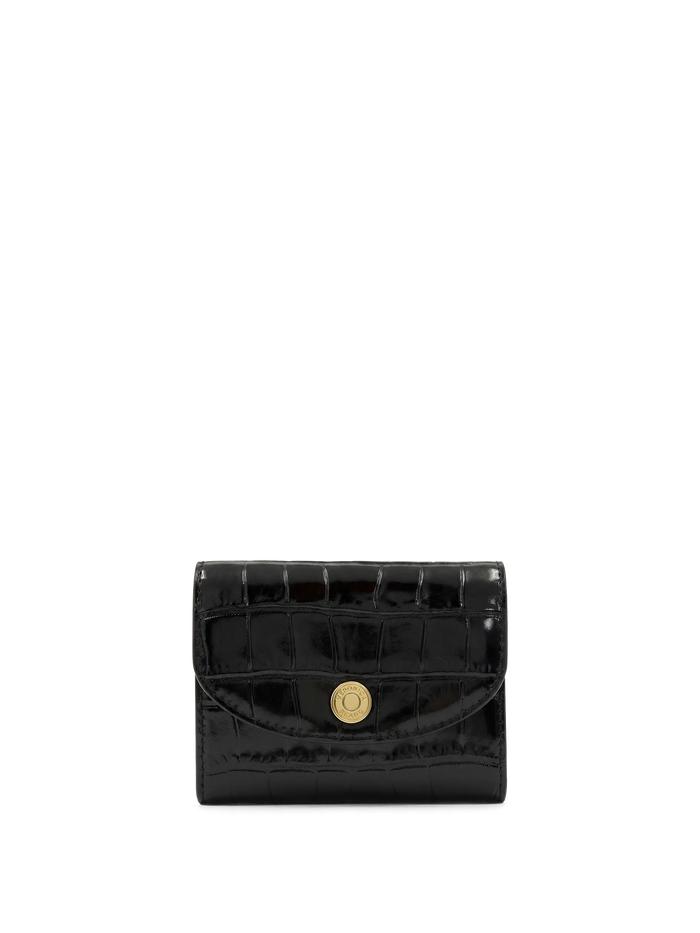 Veronica Beard Black crocodile-embossed leather wallet with gold snap closure.