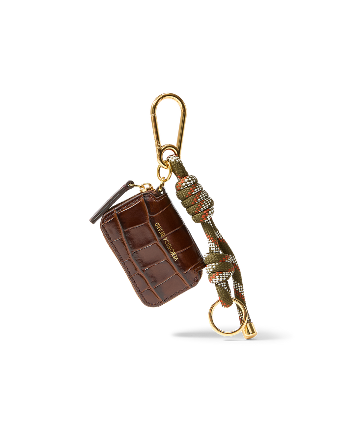 Veronica Beard Croc-Embossed Zip Pouch Bag Charm Chestnut Multi