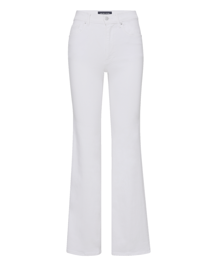 Veronica Beard Cream-colored denim flare jeans with a high waist and five pockets.