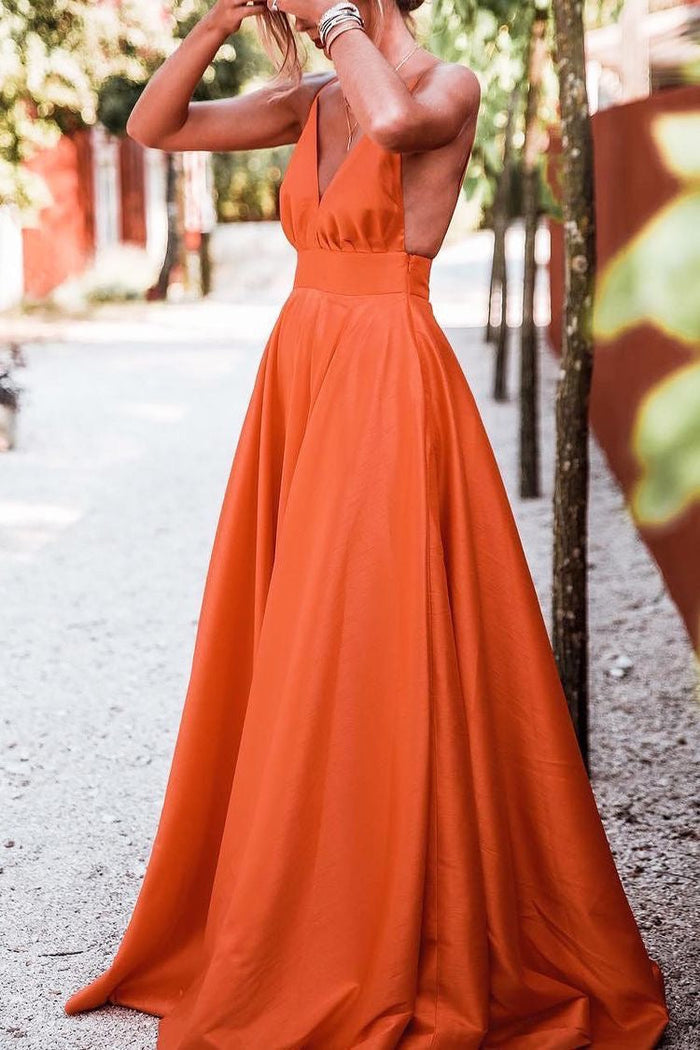 Deep V Neck Backless Orange Long Prom Dresses for Women