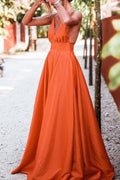Deep V Neck Backless Orange Long Prom Dresses for Women