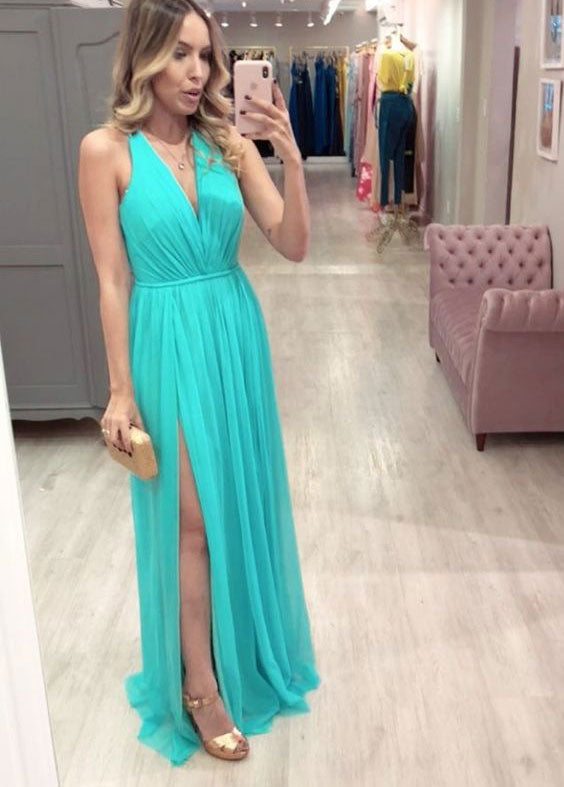 Deep V Neck Criss Cross Chiffon Long Prom Dresses