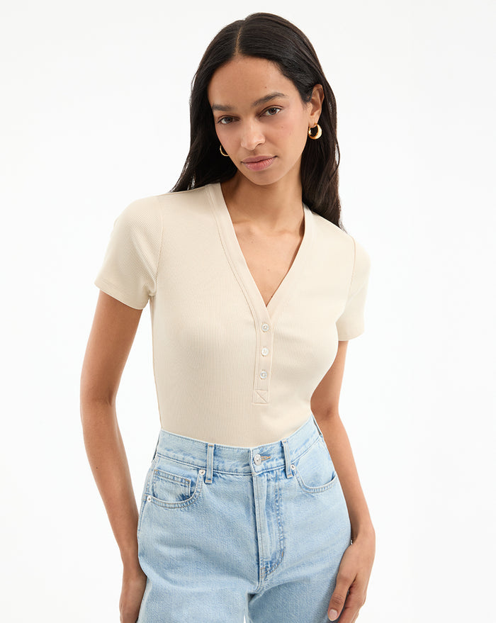 Veronica Beard Dekalb Ribbed Henley T-Shirt - Limestone