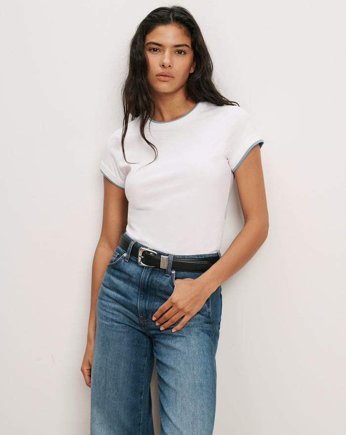 Veronica Beard White cotton ringer tee with blue trim.